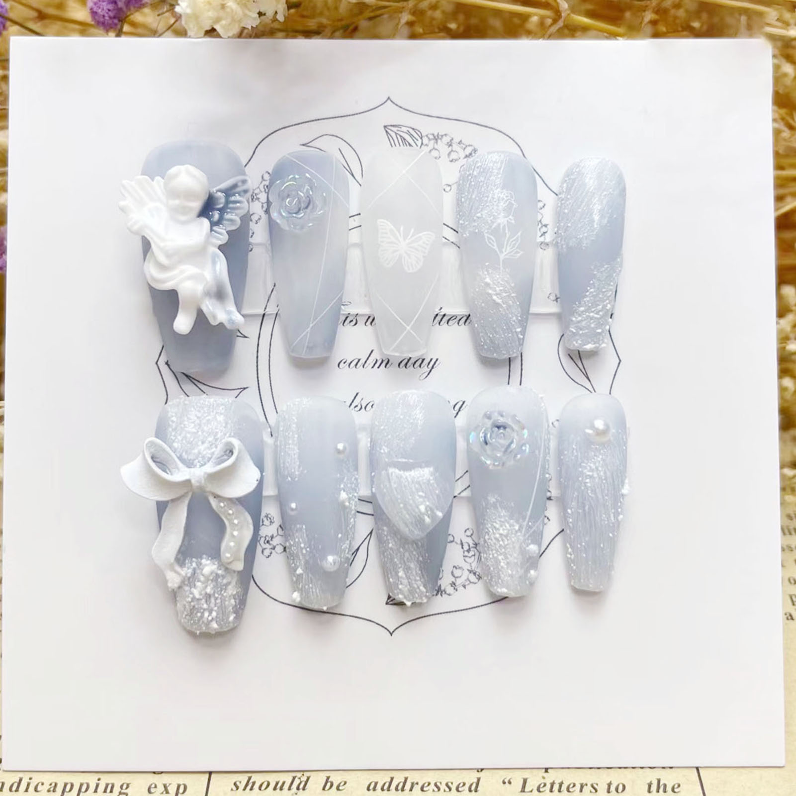 Nail Art Press On - 3D tynk anioł sztuczne paznokcie błyszcząca