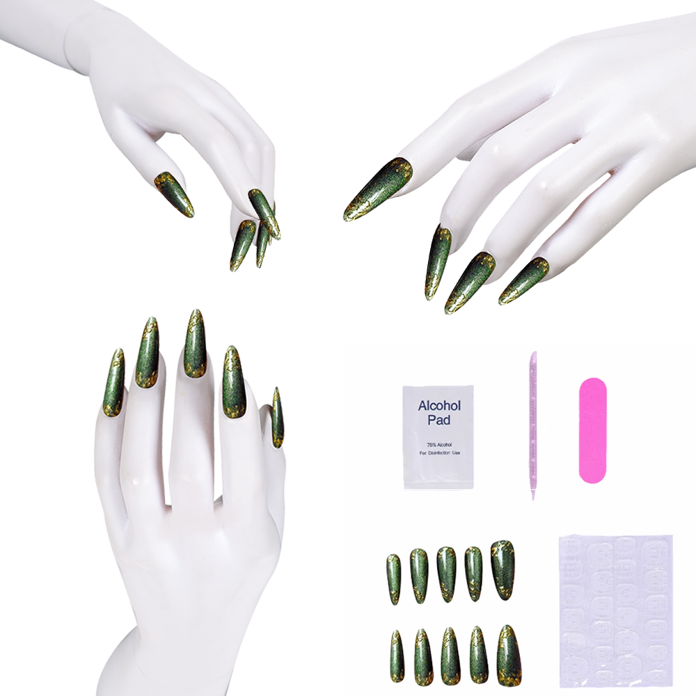 Nail Art Press On - Zielone sztuczne paznokcie z błyszczącymi złotymi