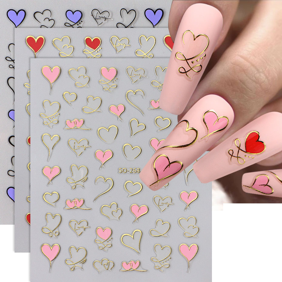 Nail Art Valentines Day - 3szt Y2K Gold Wave Line Heart